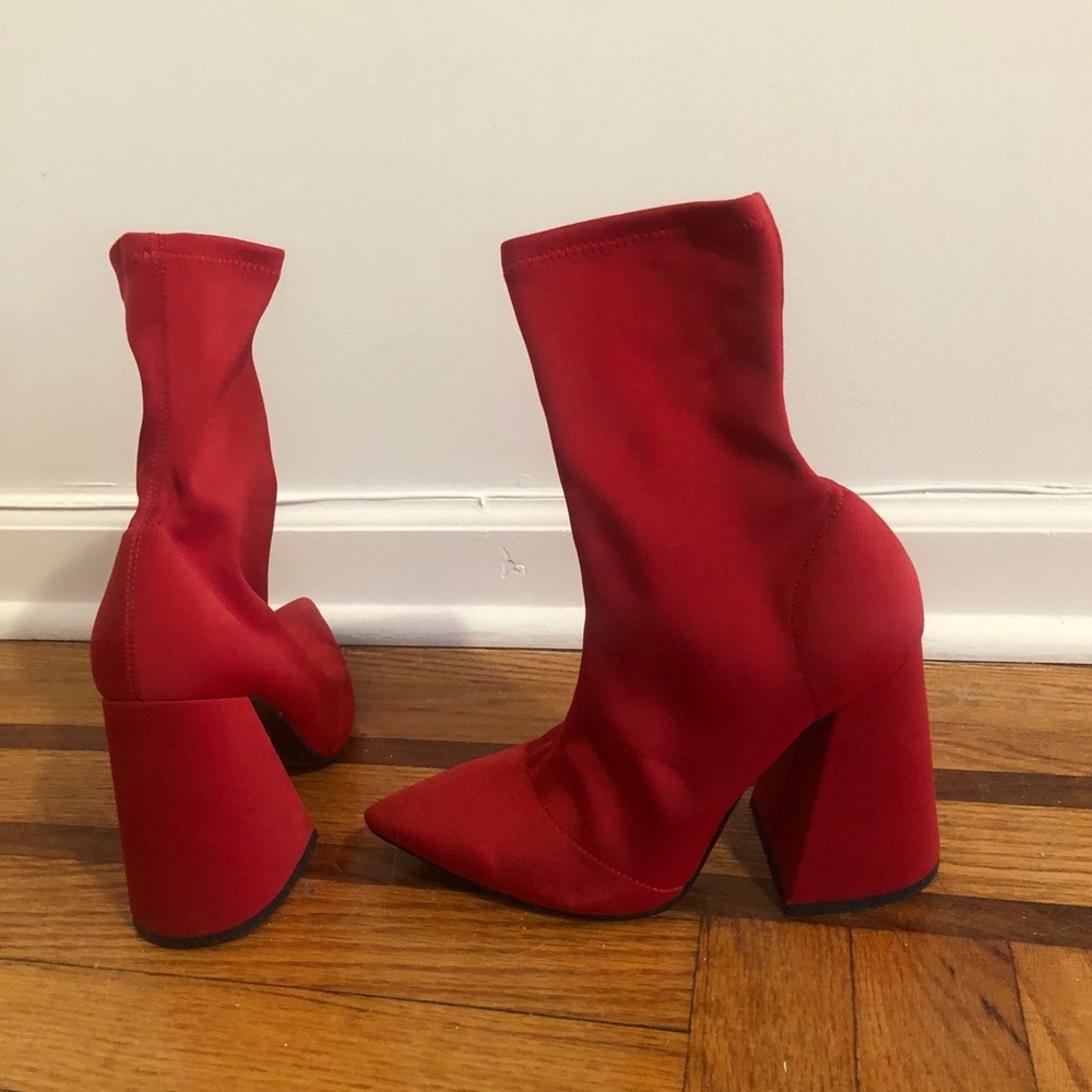 red heeled boots with chunky heel
